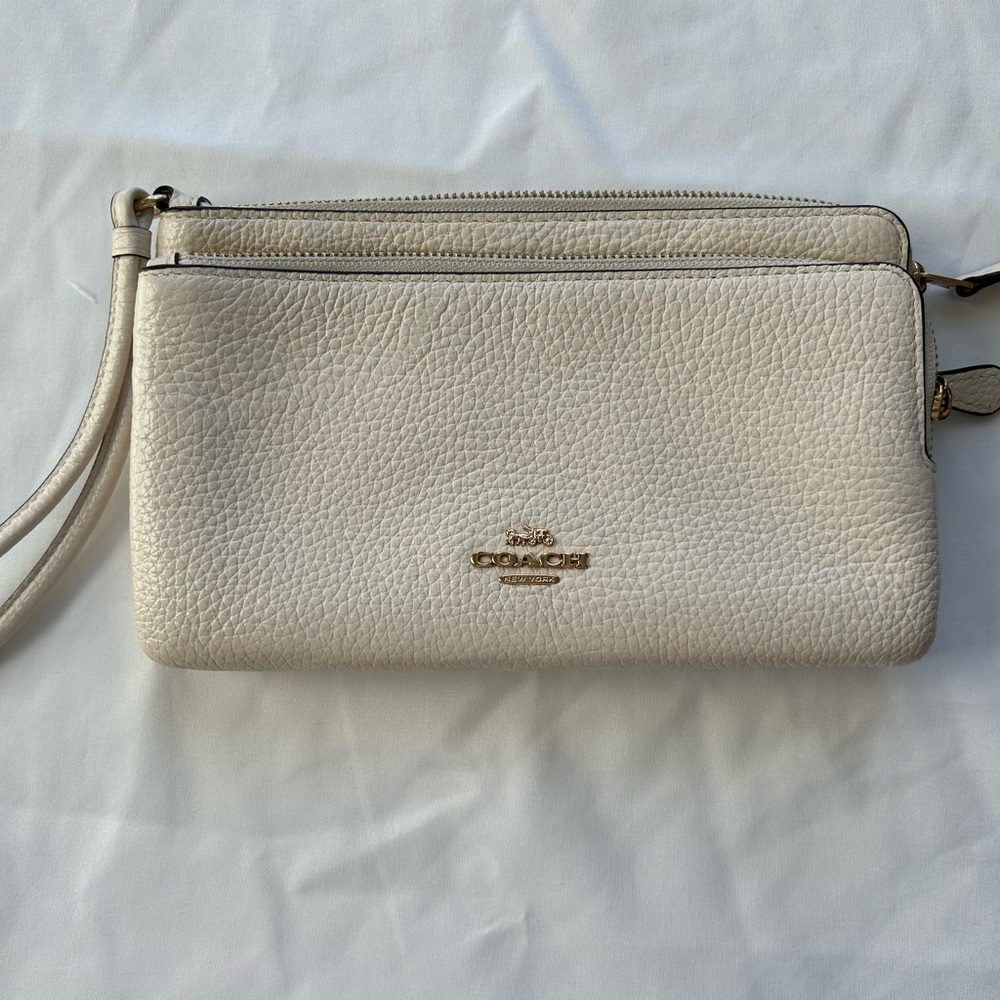 Coach Cream Leather Wristlet - Double Zipper
